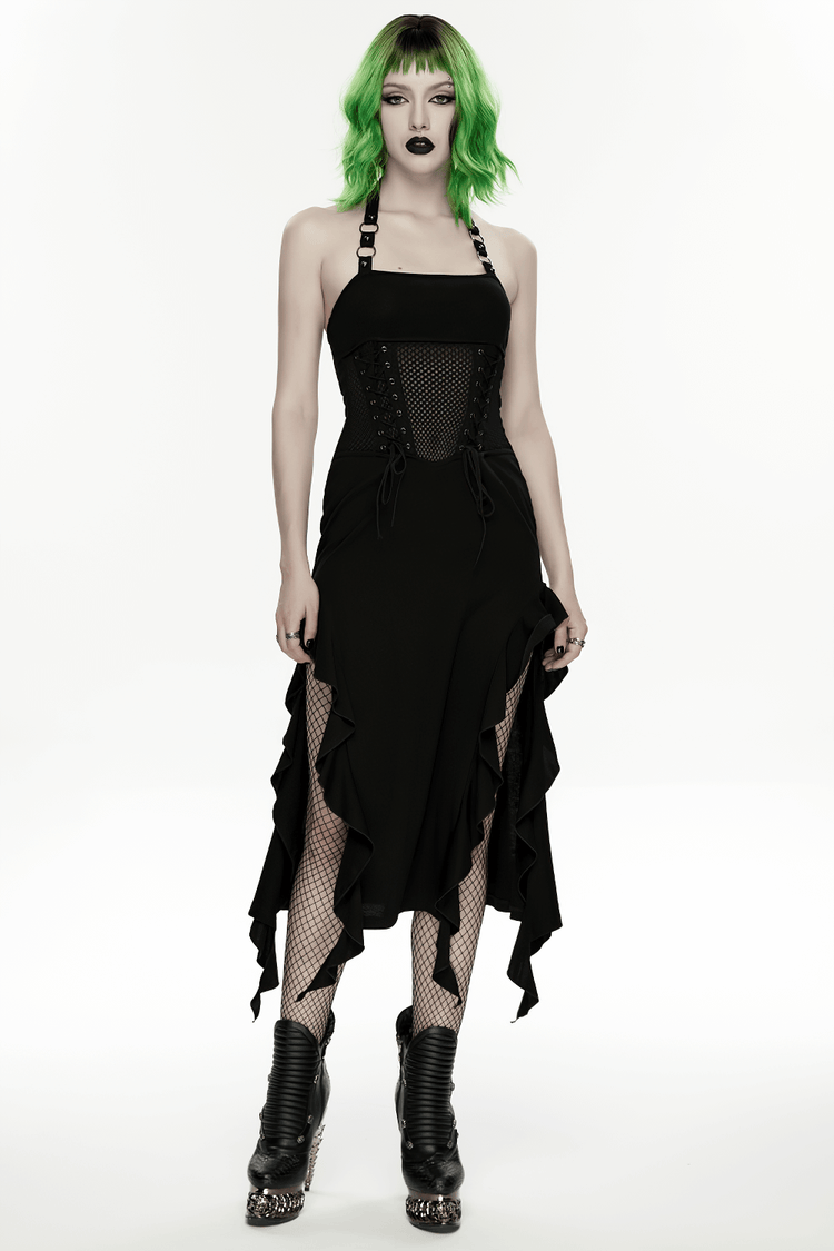 Gothic Punk Halter Mesh Dress With Ruffled Hem - image 13