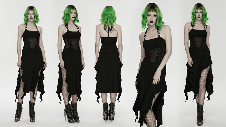 Gothic Punk Halter Mesh Dress With Ruffled Hem - image 17