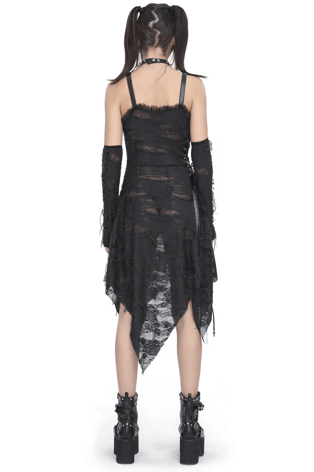 Gothic Punk Irregular Black Ripped Dress with Long Gloves - image 2