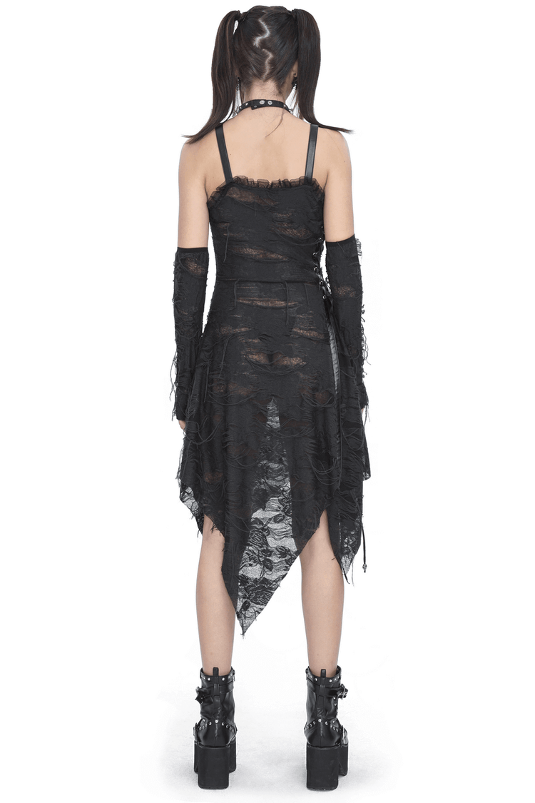 Gothic Punk Irregular Black Ripped Dress with Long Gloves - image 2