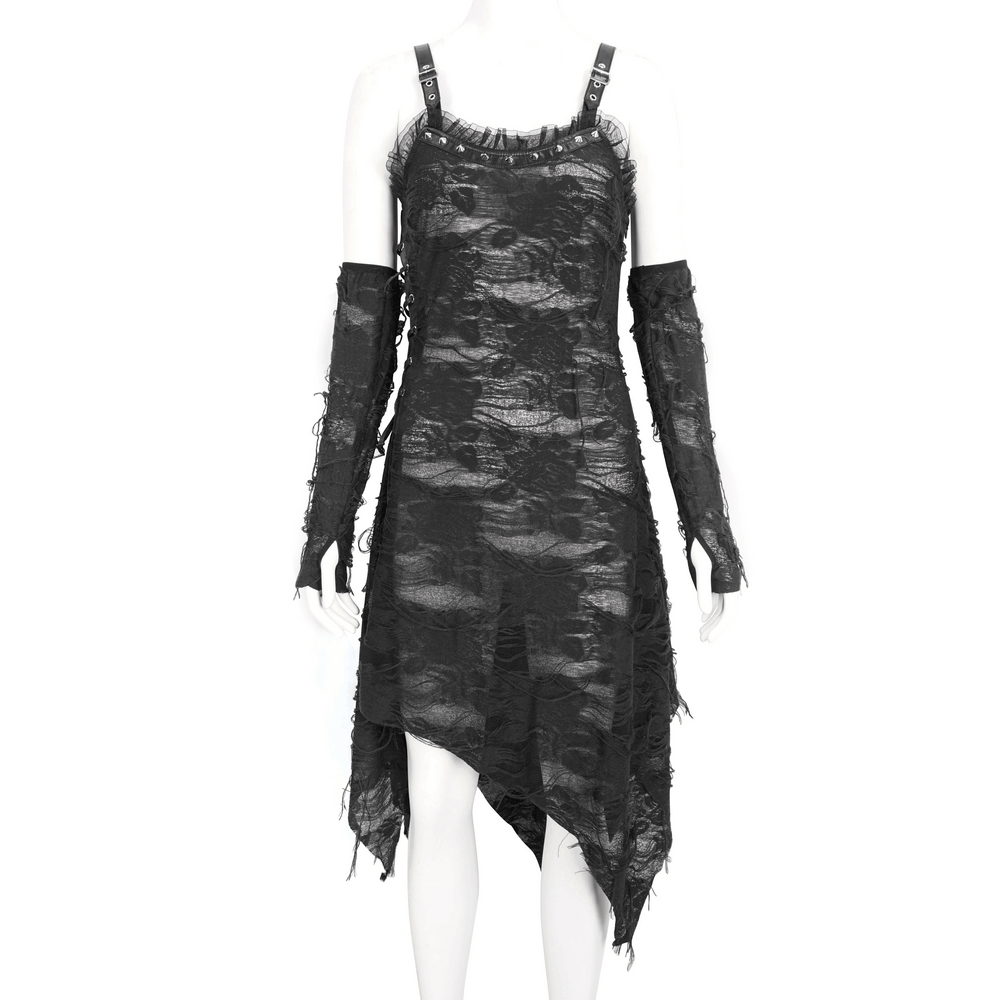 Gothic Punk Irregular Black Ripped Dress with Long Gloves - image 3