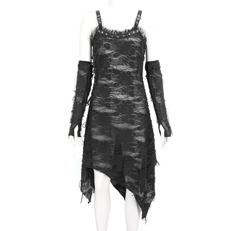 Gothic Punk Irregular Black Ripped Dress with Long Gloves - image 3