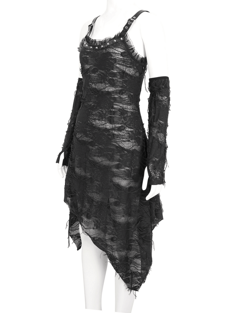 Gothic Punk Irregular Black Ripped Dress with Long Gloves - image 5