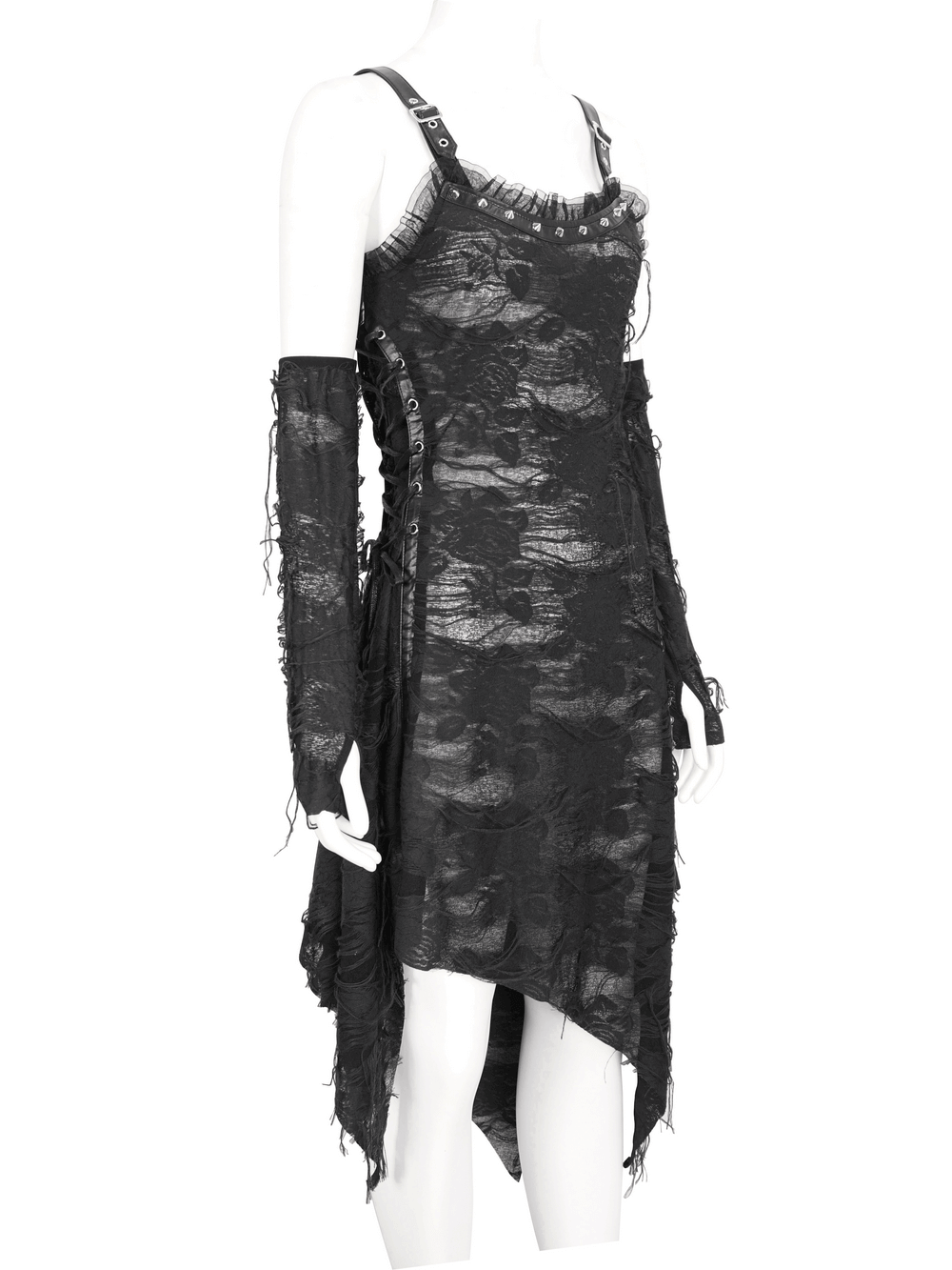 Gothic Punk Irregular Black Ripped Dress with Long Gloves - image 4