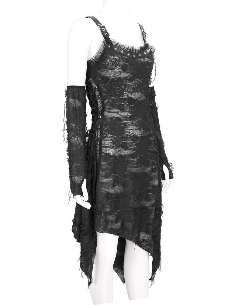 Gothic Punk Irregular Black Ripped Dress with Long Gloves - image 4