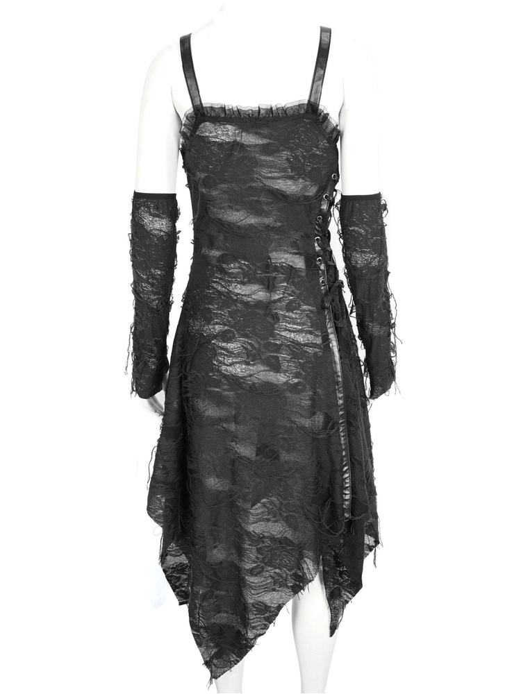 Gothic Punk Irregular Black Ripped Dress with Long Gloves - image 6