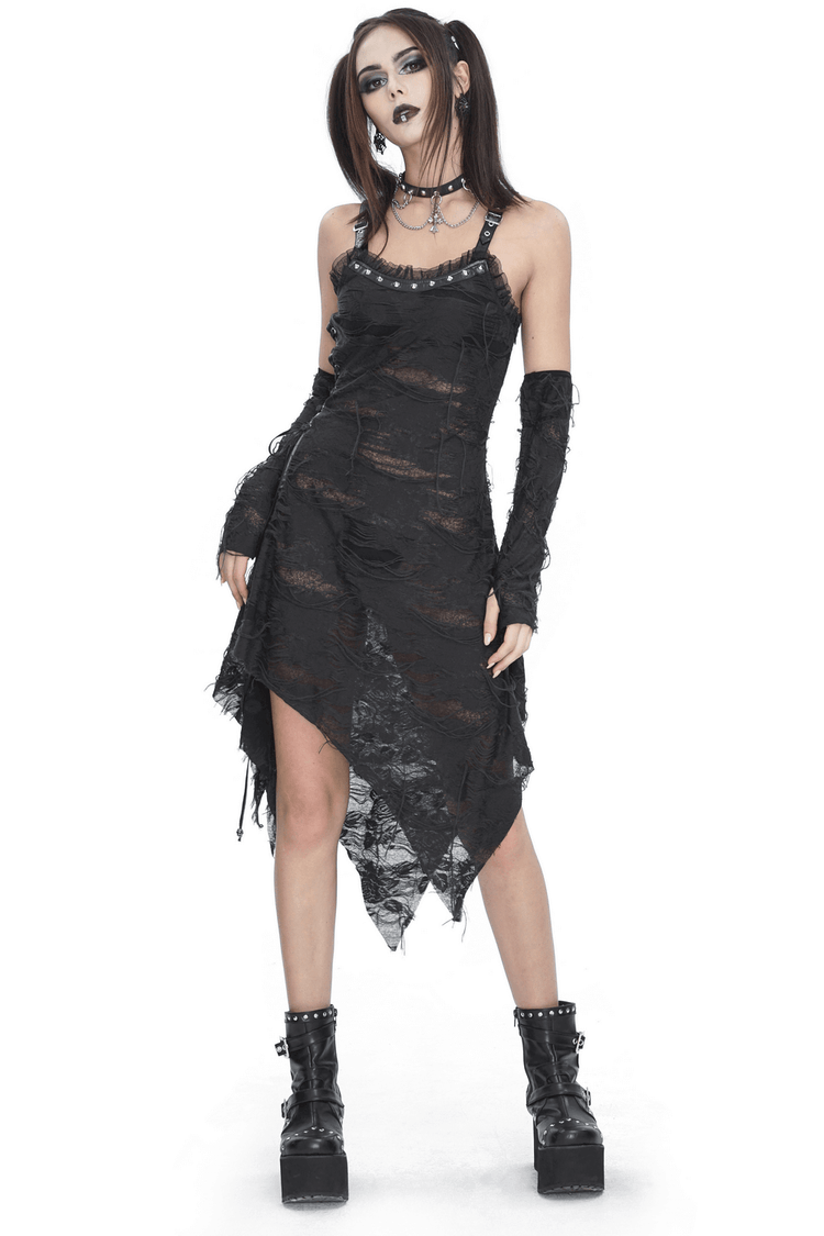 Gothic Punk Irregular Black Ripped Dress with Long Gloves - image 1