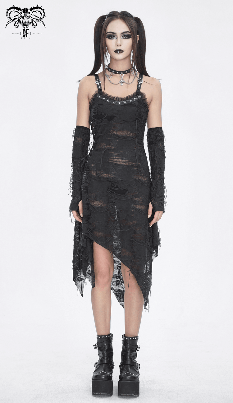 Gothic Punk Irregular Black Ripped Dress with Long Gloves - image 16