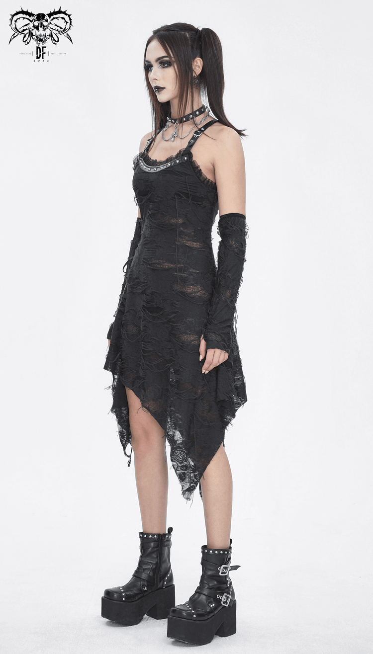Gothic Punk Irregular Black Ripped Dress with Long Gloves - image 18