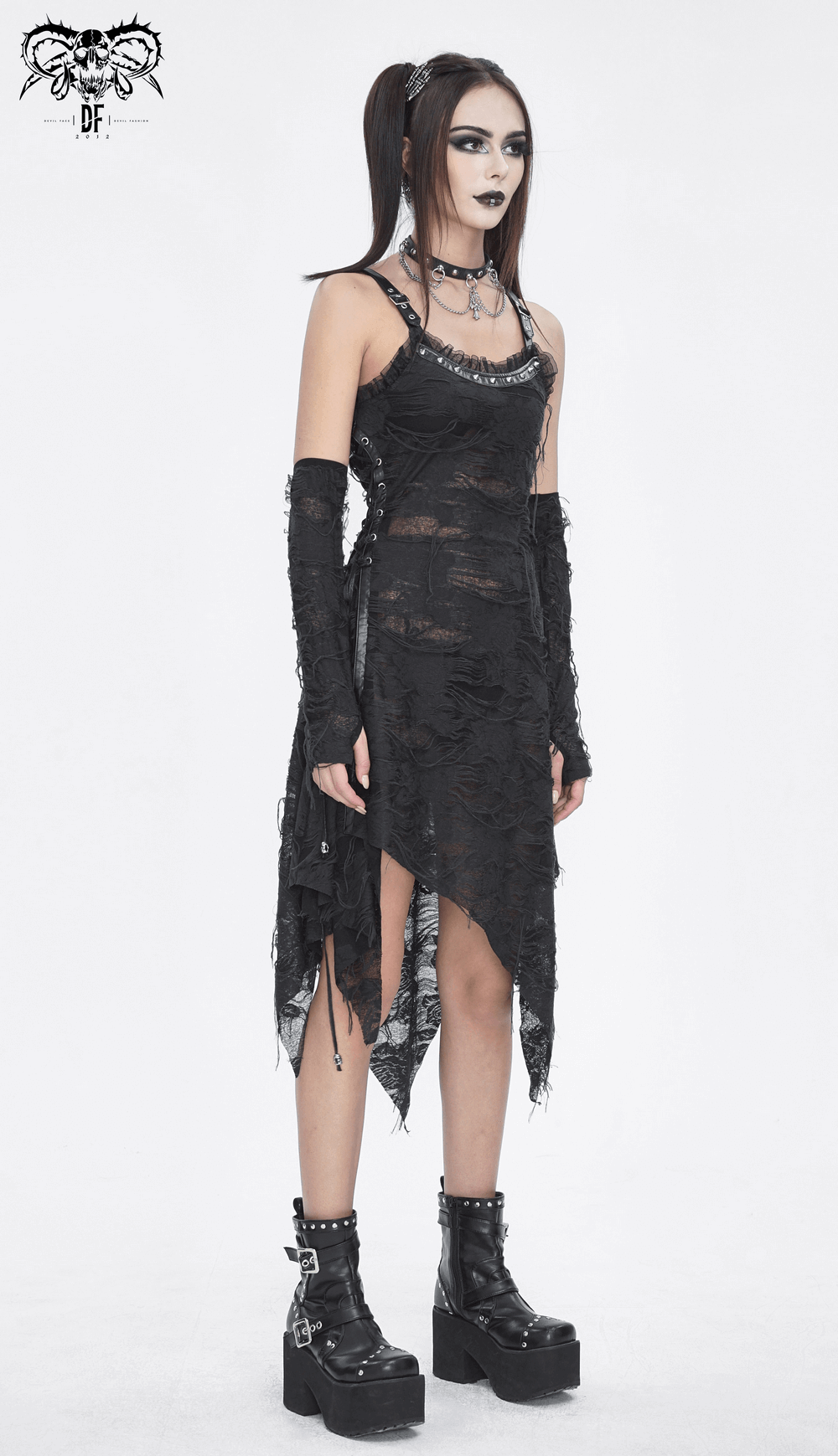 Gothic Punk Irregular Black Ripped Dress with Long Gloves - image 17