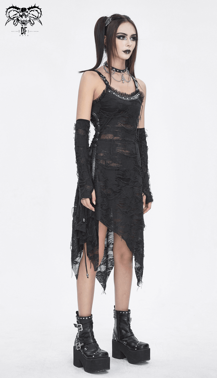 Gothic Punk Irregular Black Ripped Dress with Long Gloves - image 17