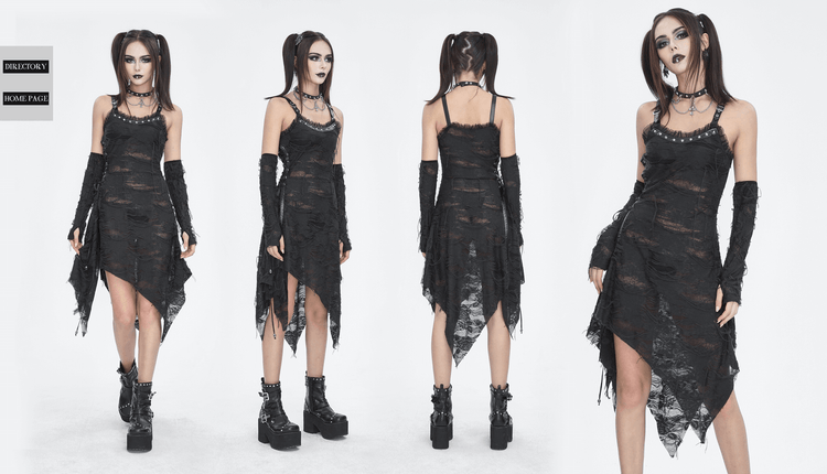 Gothic Punk Irregular Black Ripped Dress with Long Gloves - image 20