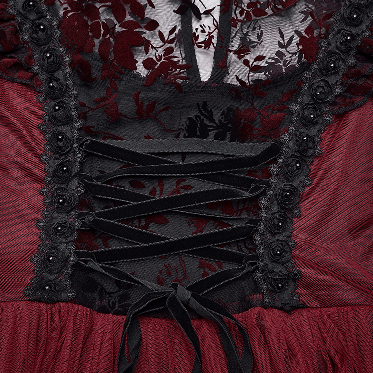 Gothic Red Lace and Mesh Flying Sleeve Maxi Dress - image 10