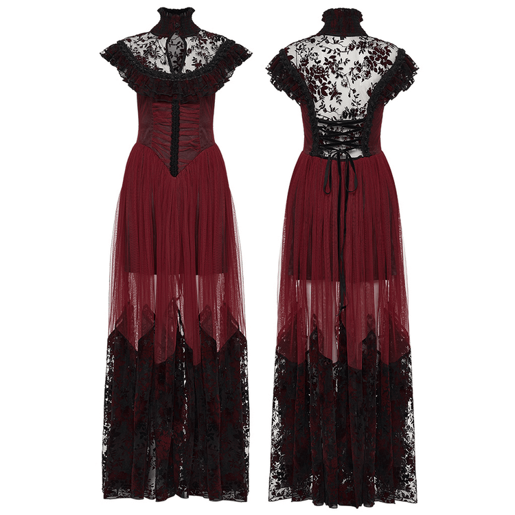 Gothic Red Lace and Mesh Flying Sleeve Maxi Dress - image 3