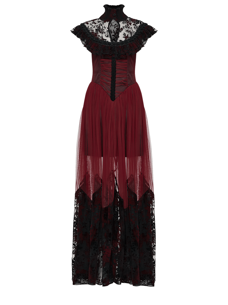 Gothic Red Lace and Mesh Flying Sleeve Maxi Dress - image 4
