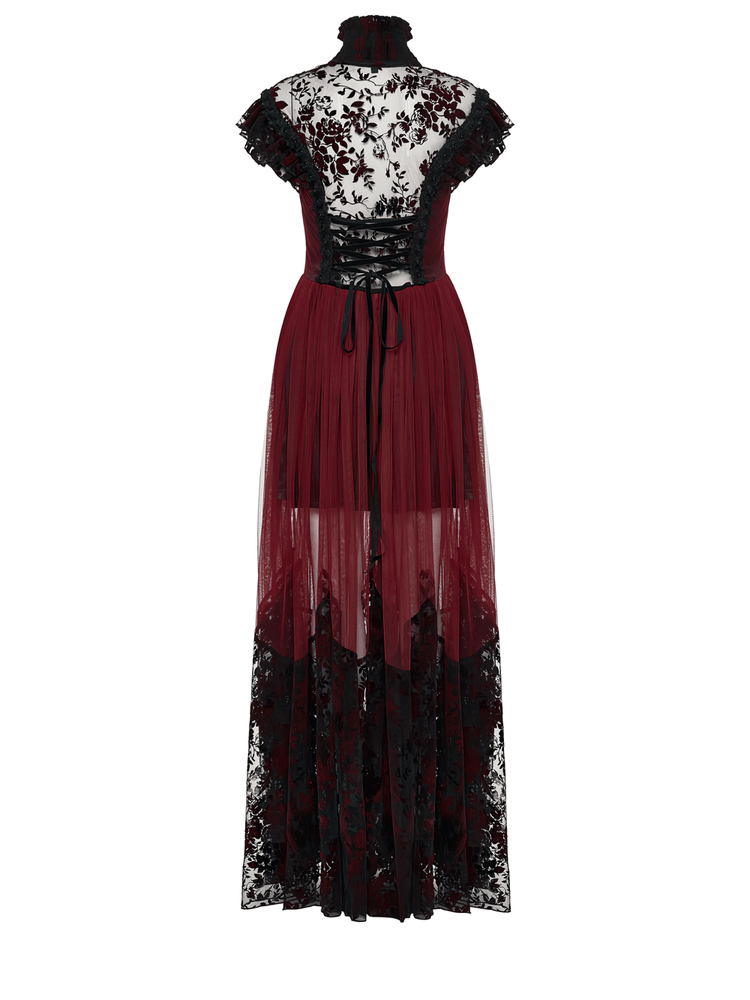 Gothic Red Lace and Mesh Flying Sleeve Maxi Dress - image 6
