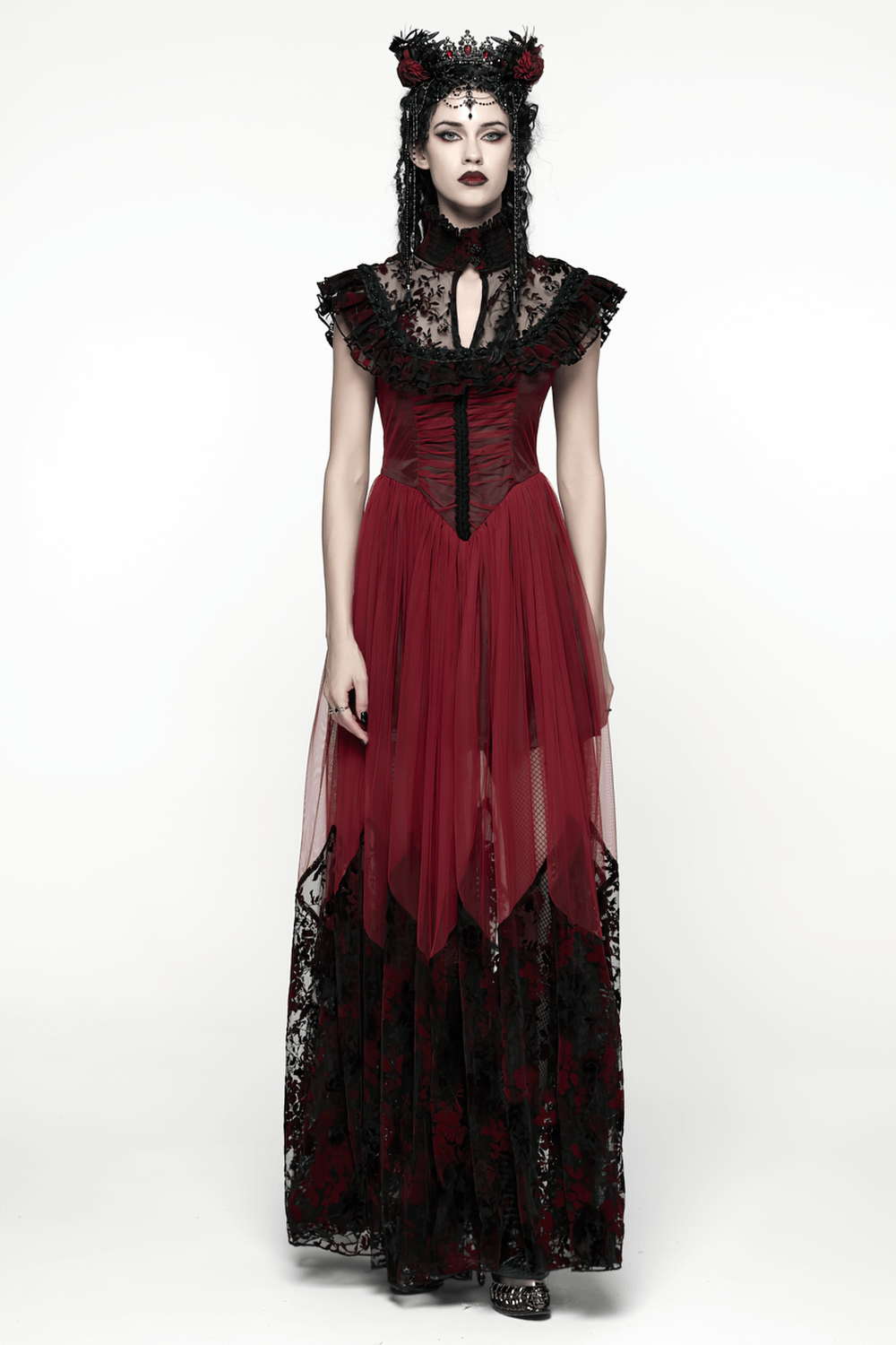 Gothic Red Lace and Mesh Flying Sleeve Maxi Dress - image 12