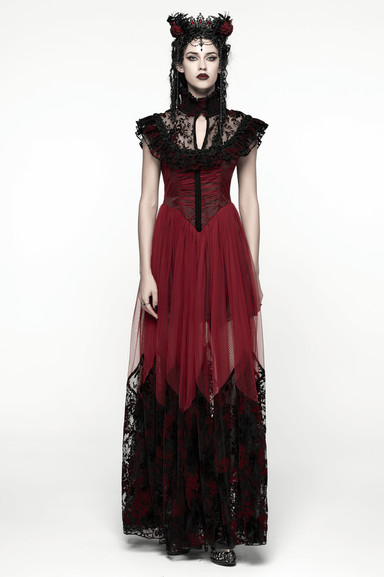 Gothic Red Lace and Mesh Flying Sleeve Maxi Dress - image 12