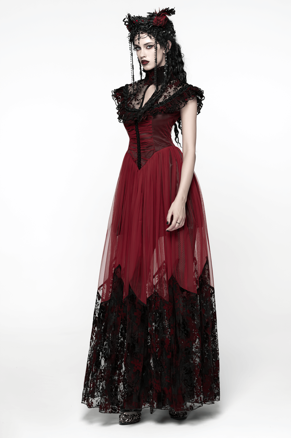 Gothic Red Lace and Mesh Flying Sleeve Maxi Dress - image 13