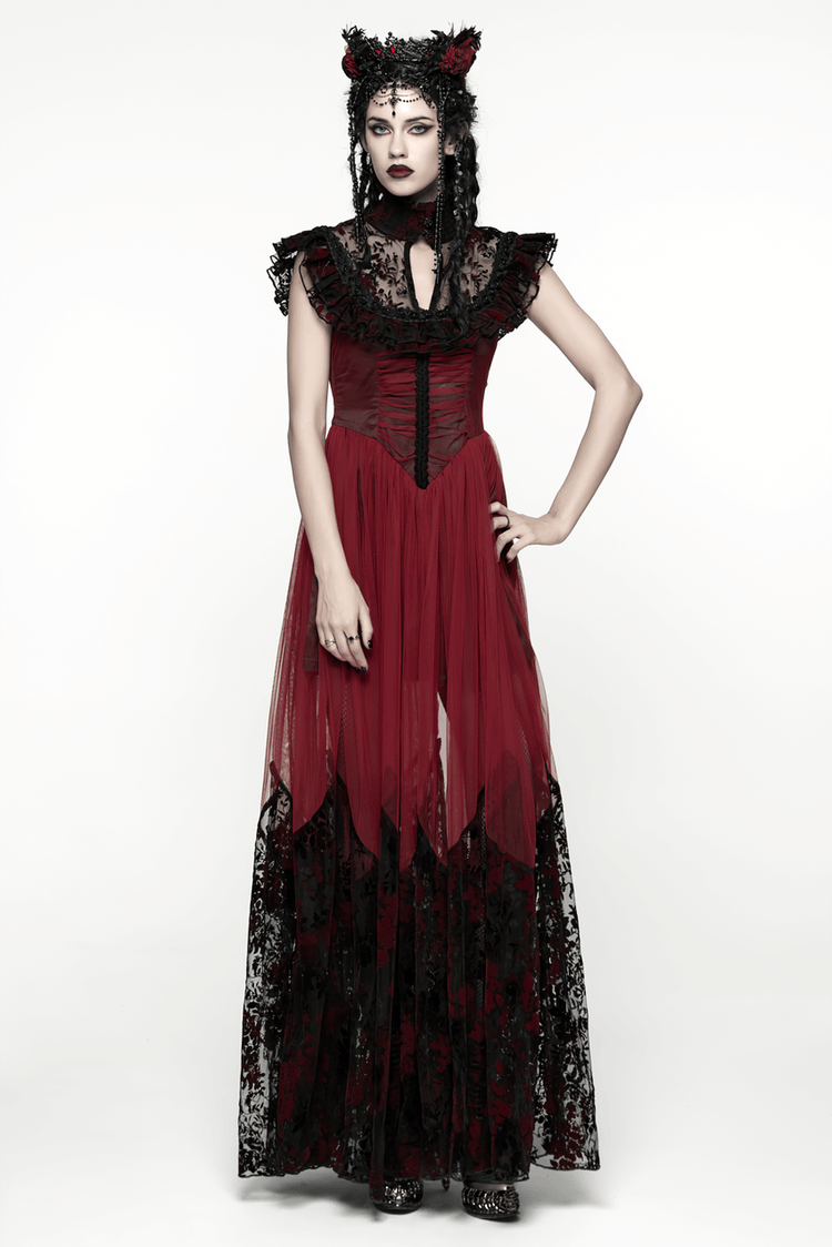 Gothic Red Lace and Mesh Flying Sleeve Maxi Dress - image 14