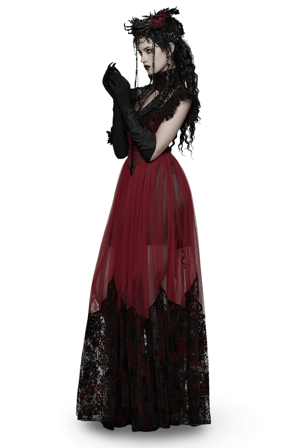 Gothic Red Lace and Mesh Flying Sleeve Maxi Dress - image 2