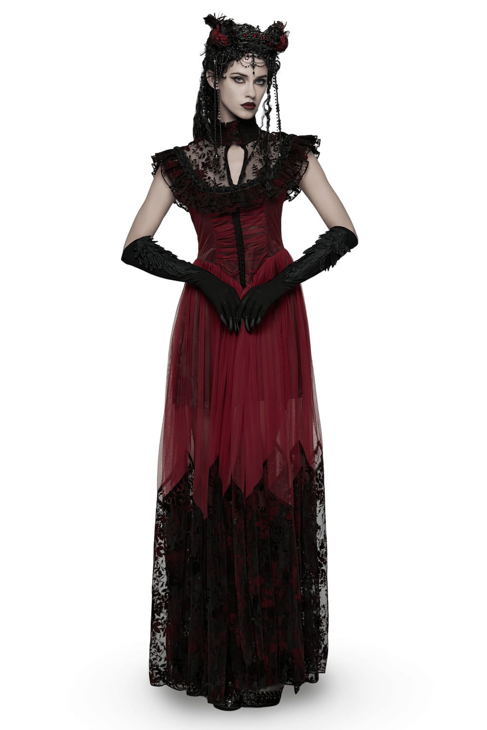 Gothic Red Lace and Mesh Flying Sleeve Maxi Dress - image 1