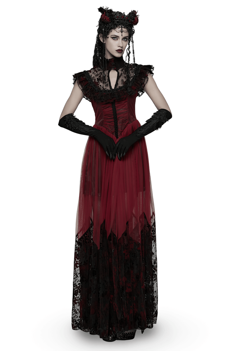 Gothic Red Lace and Mesh Flying Sleeve Maxi Dress - image 1