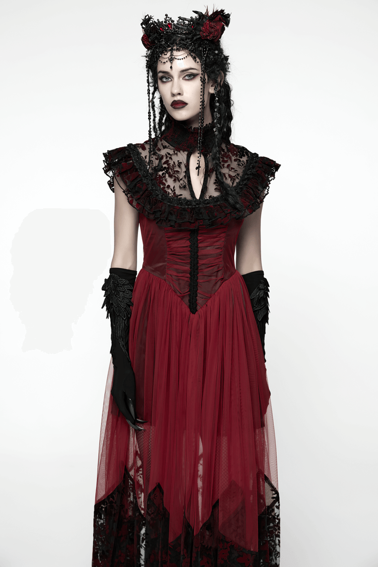 Gothic Red Lace and Mesh Flying Sleeve Maxi Dress - image 11