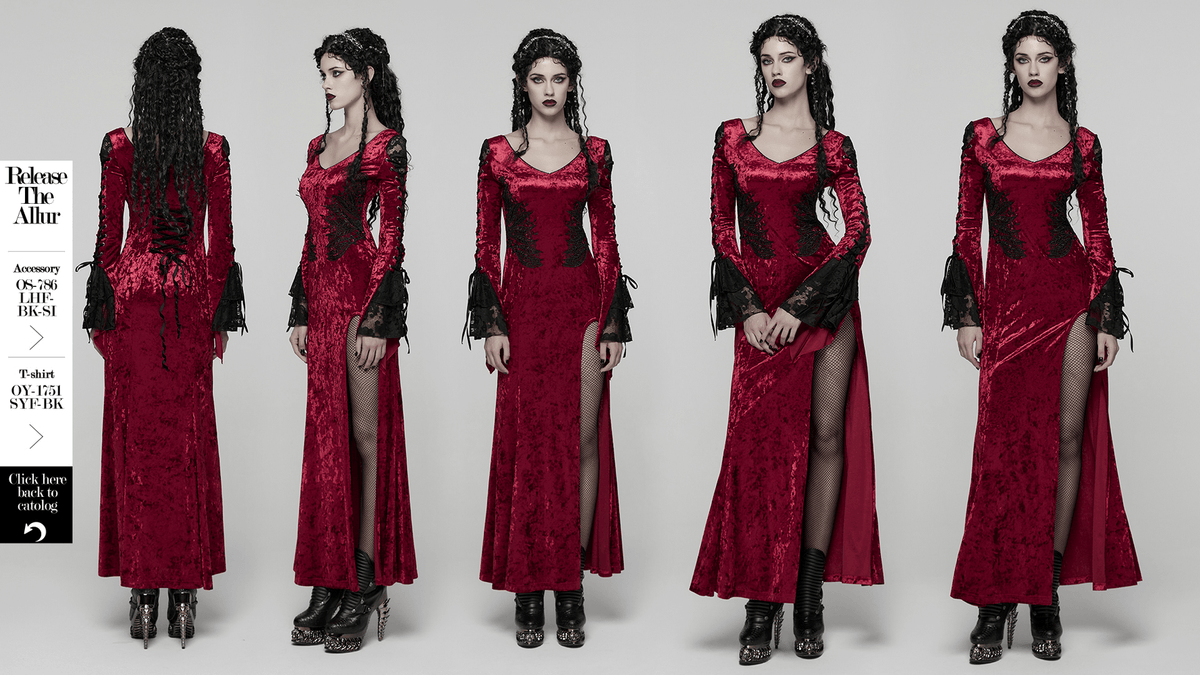 Gothic Red Velvet Dress with Lace-up Back and High Slit - image 15