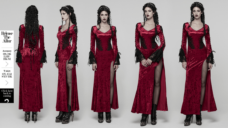 Gothic Red Velvet Dress with Lace-up Back and High Slit - image 15
