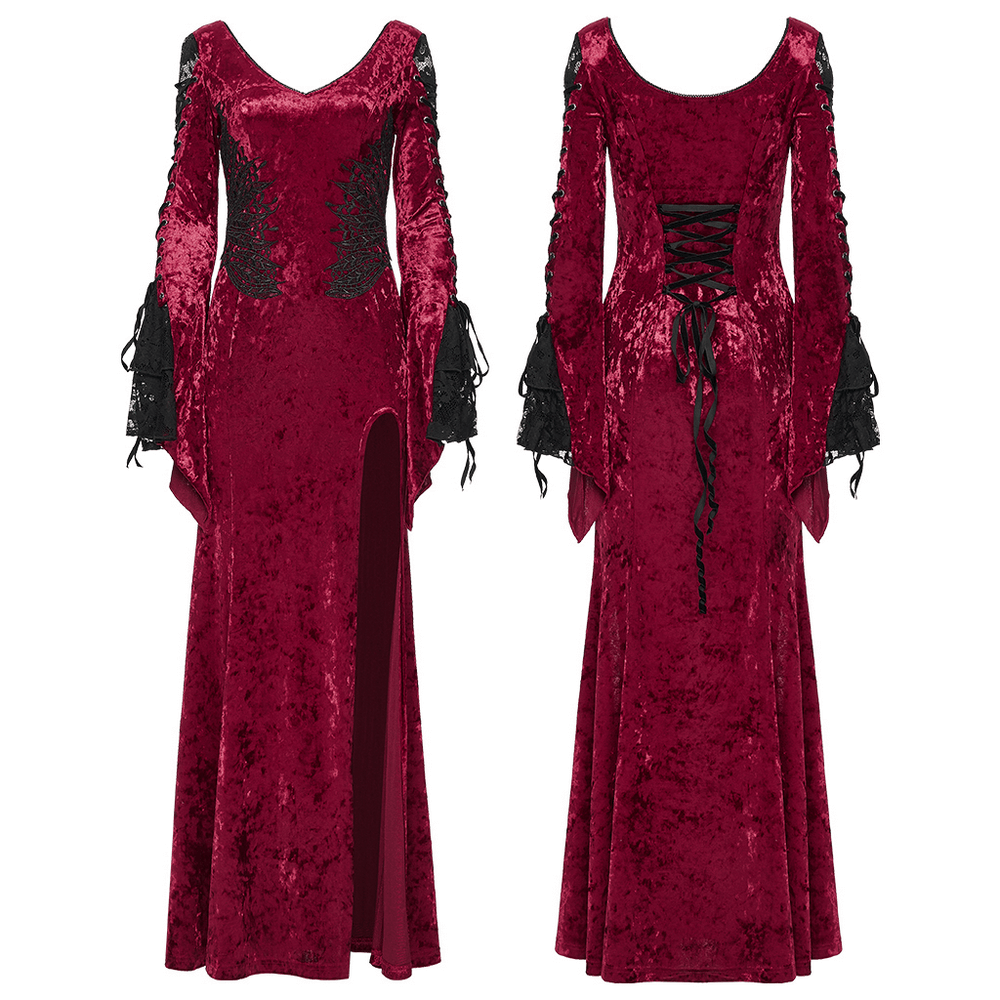 Gothic Red Velvet Dress with Lace-up Back and High Slit - image 3