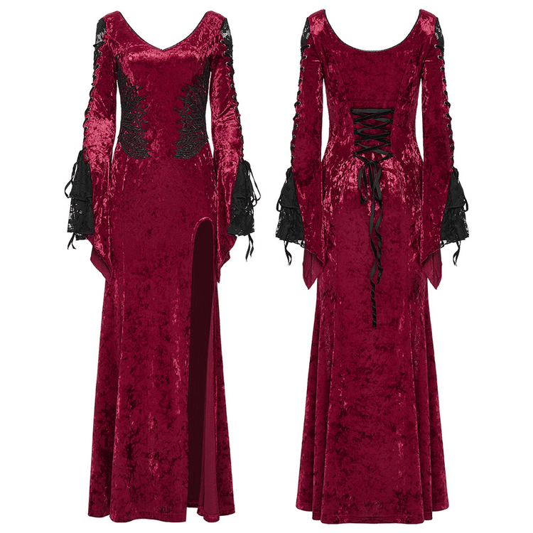 Gothic Red Velvet Dress with Lace-up Back and High Slit - image 3