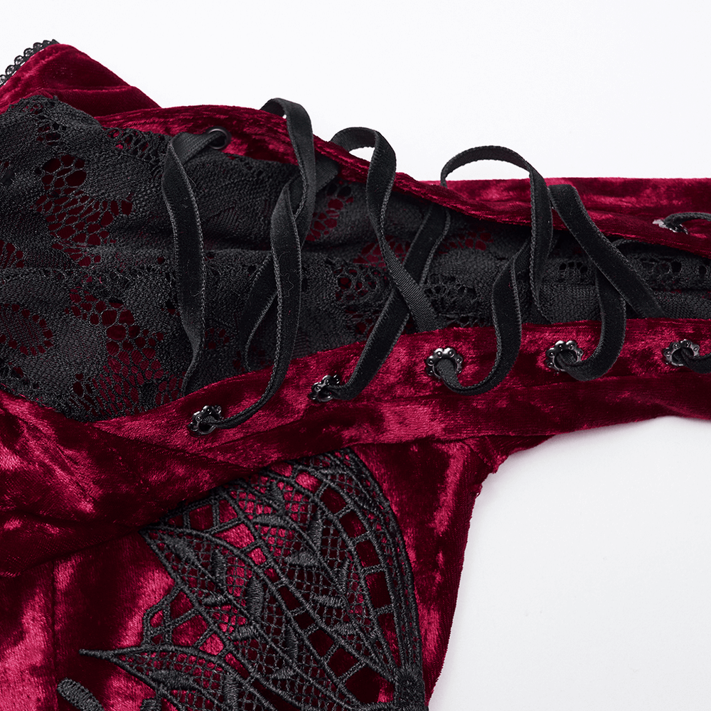 Gothic Red Velvet Dress with Lace-up Back and High Slit - image 7