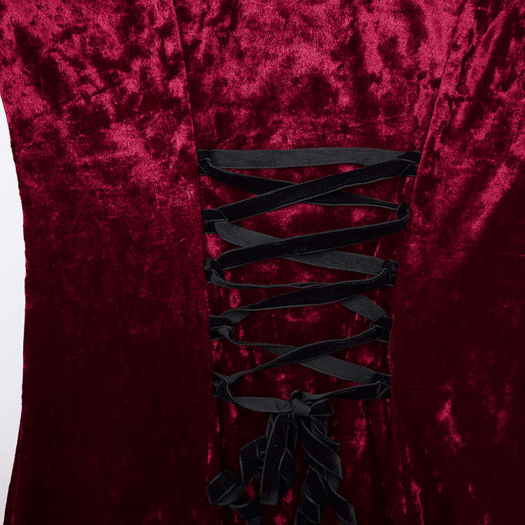 Gothic Red Velvet Dress with Lace-up Back and High Slit - image 9