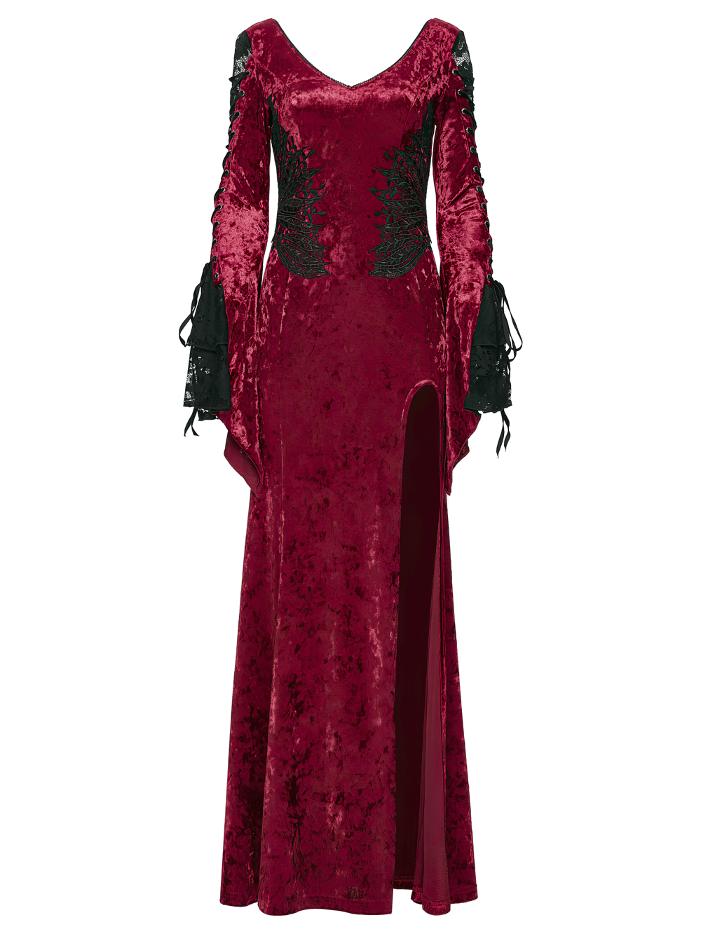 Gothic Red Velvet Dress with Lace-up Back and High Slit - image 4
