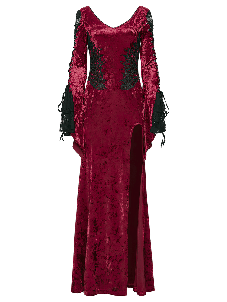 Gothic Red Velvet Dress with Lace-up Back and High Slit - image 4
