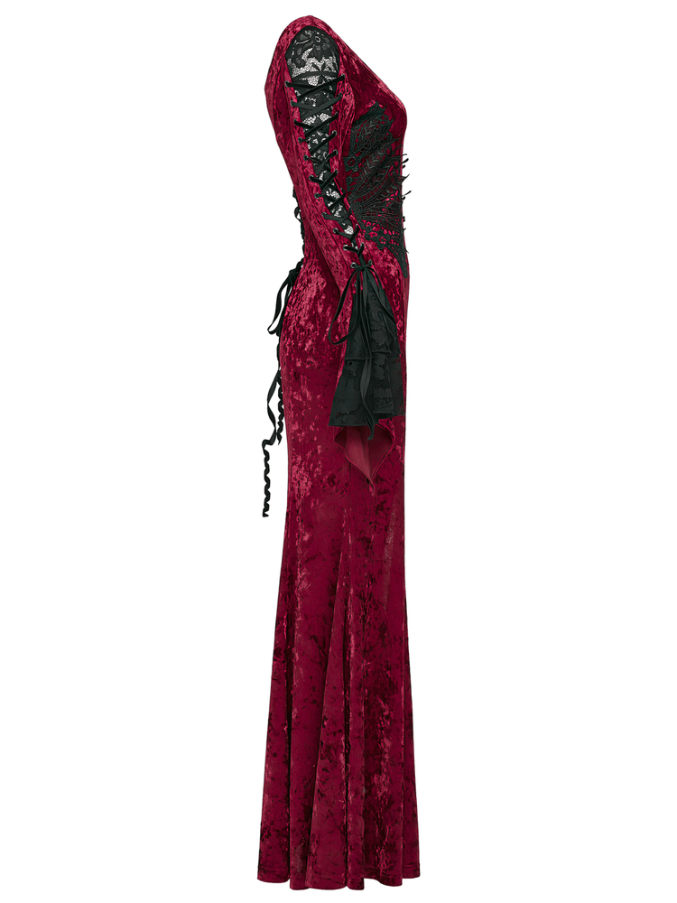 Gothic Red Velvet Dress with Lace-up Back and High Slit - image 5