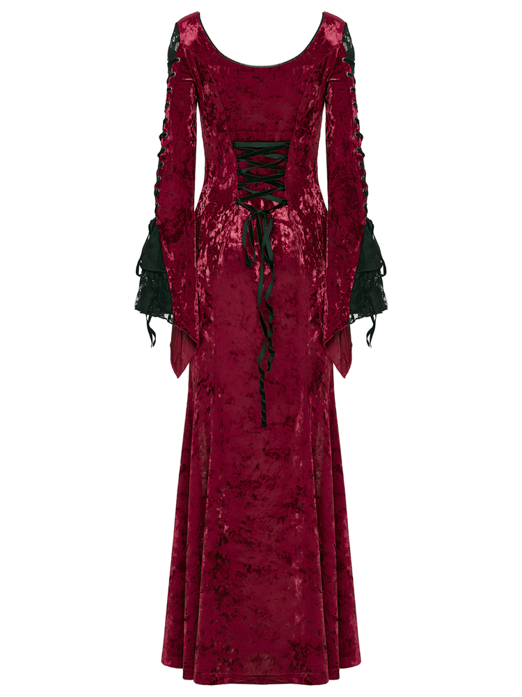Gothic Red Velvet Dress with Lace-up Back and High Slit - image 6