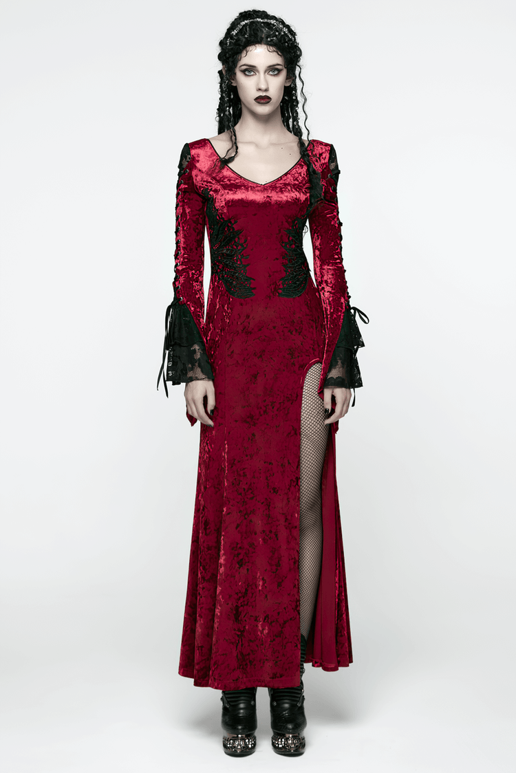 Gothic Red Velvet Dress with Lace-up Back and High Slit - image 12