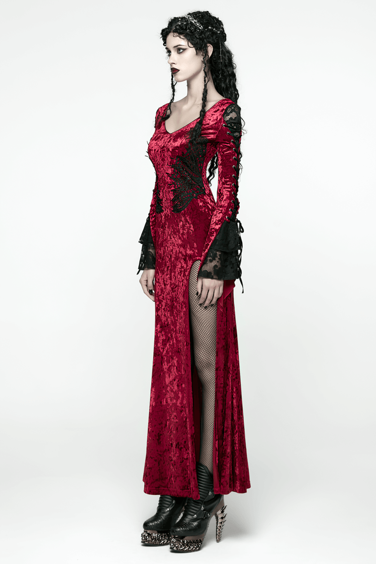Gothic Red Velvet Dress with Lace-up Back and High Slit - image 13