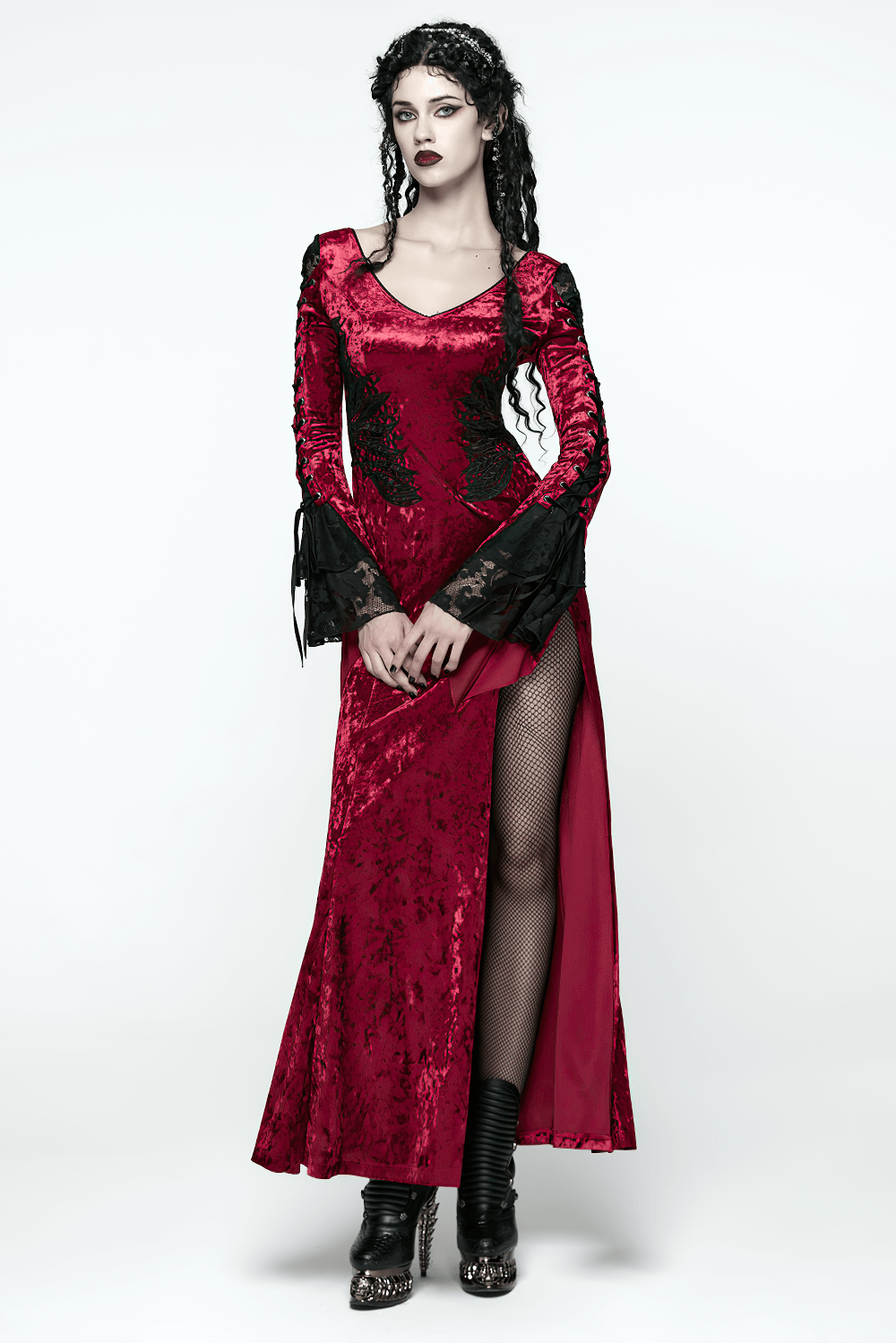 Gothic Red Velvet Dress with Lace-up Back and High Slit - image 14