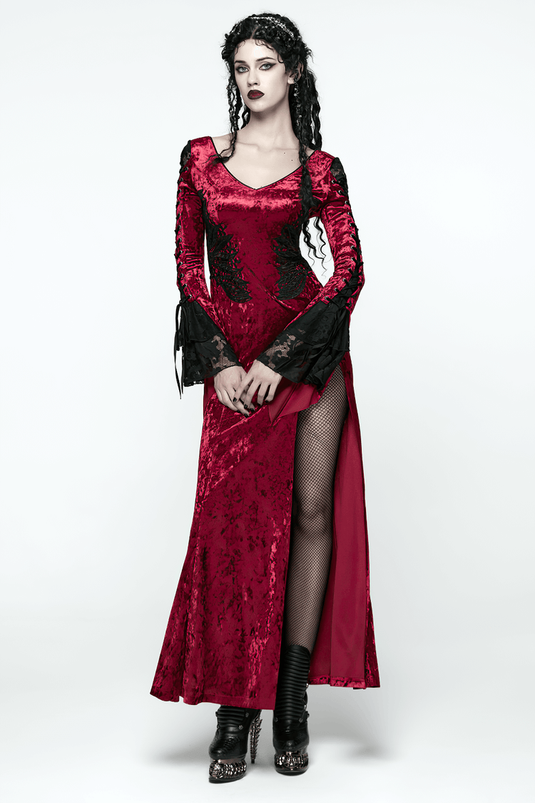 Gothic Red Velvet Dress with Lace-up Back and High Slit - image 14
