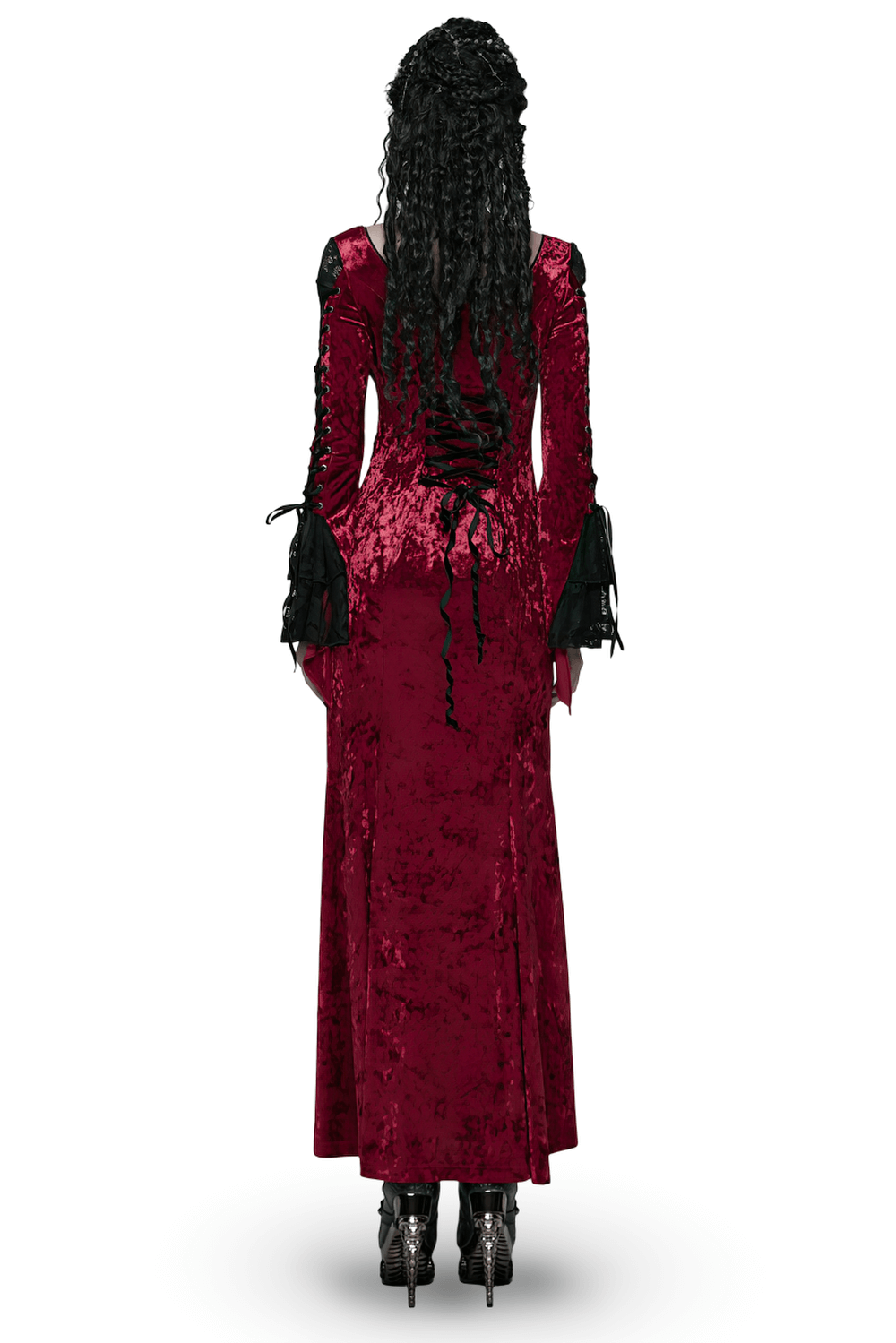Gothic Red Velvet Dress with Lace-up Back and High Slit - image 2