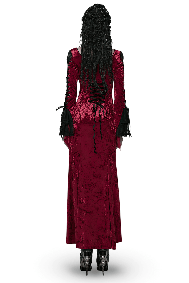 Gothic Red Velvet Dress with Lace-up Back and High Slit - image 2