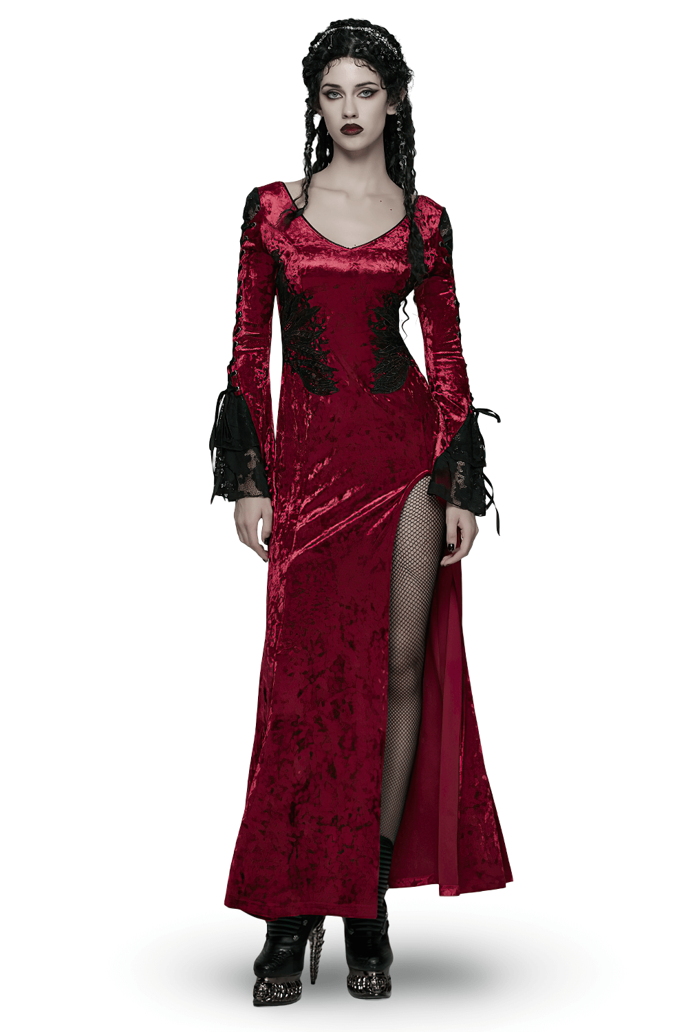 Gothic Red Velvet Dress with Lace-up Back and High Slit - image 1
