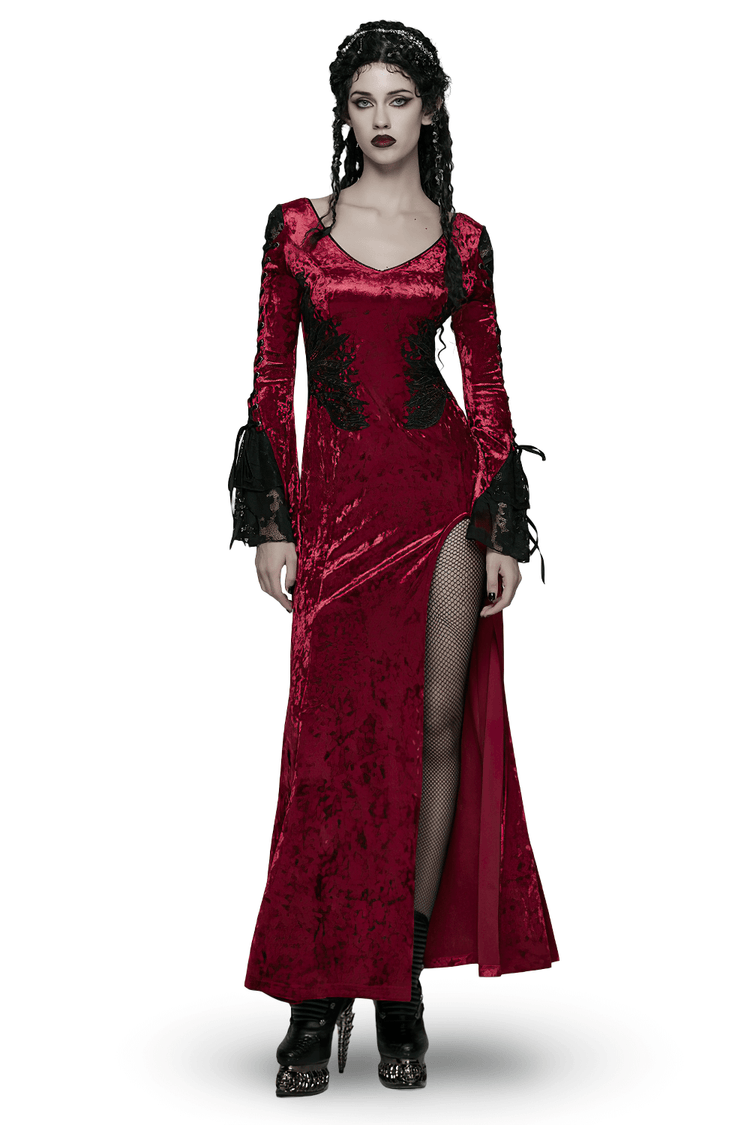 Gothic Red Velvet Dress with Lace-up Back and High Slit - image 1
