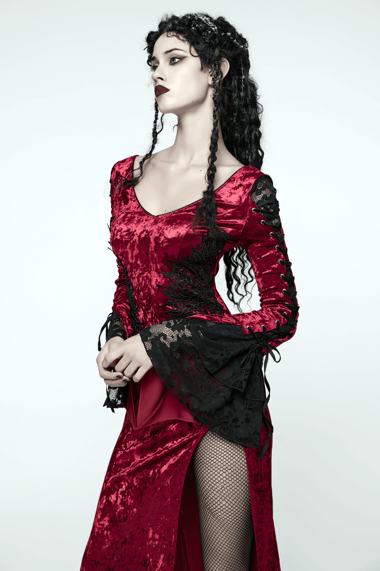 Gothic Red Velvet Dress with Lace-up Back and High Slit - image 11