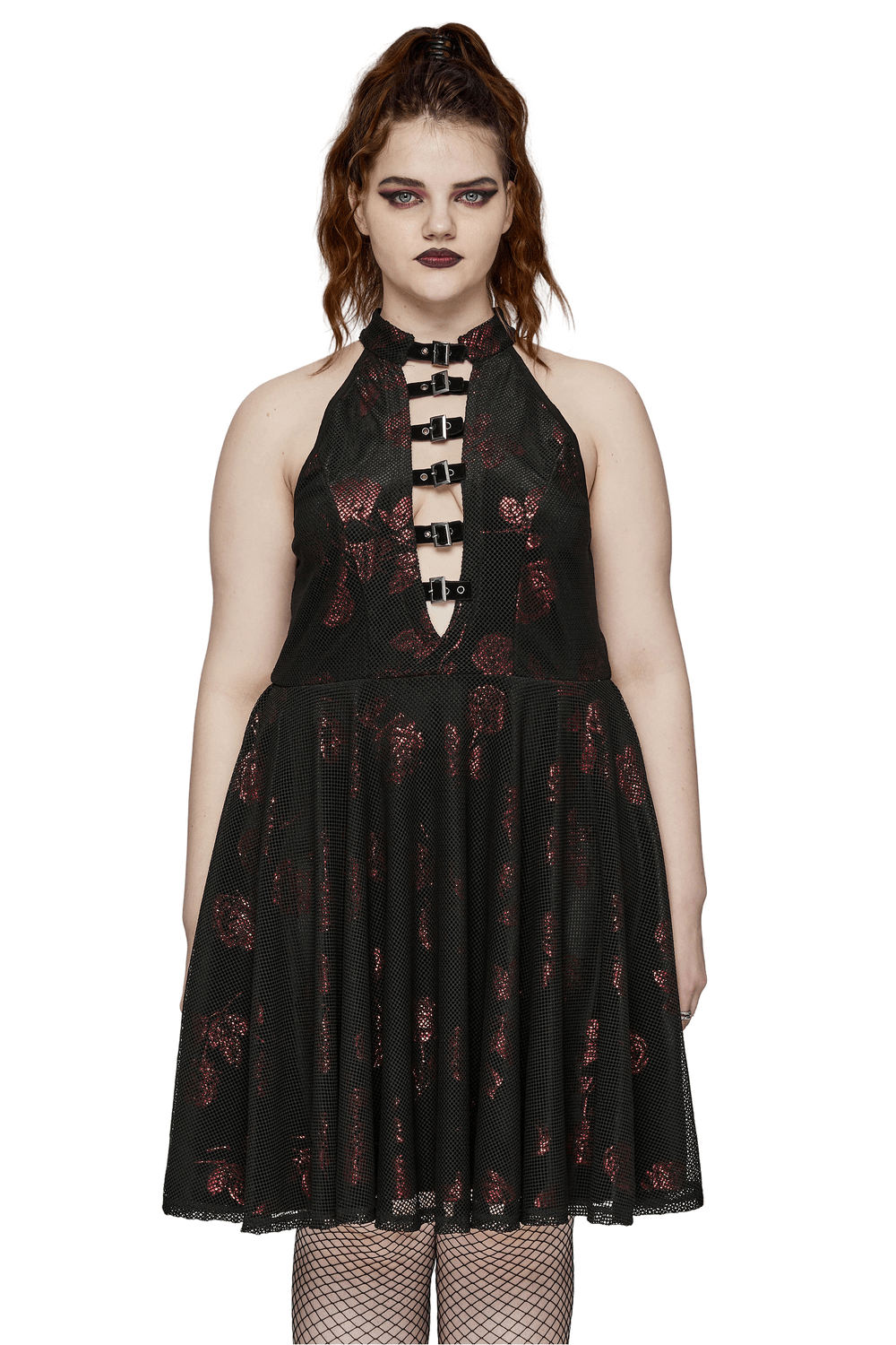 Gothic Roses A-Line Design Dress with V-Neck and Buckles - image 1
