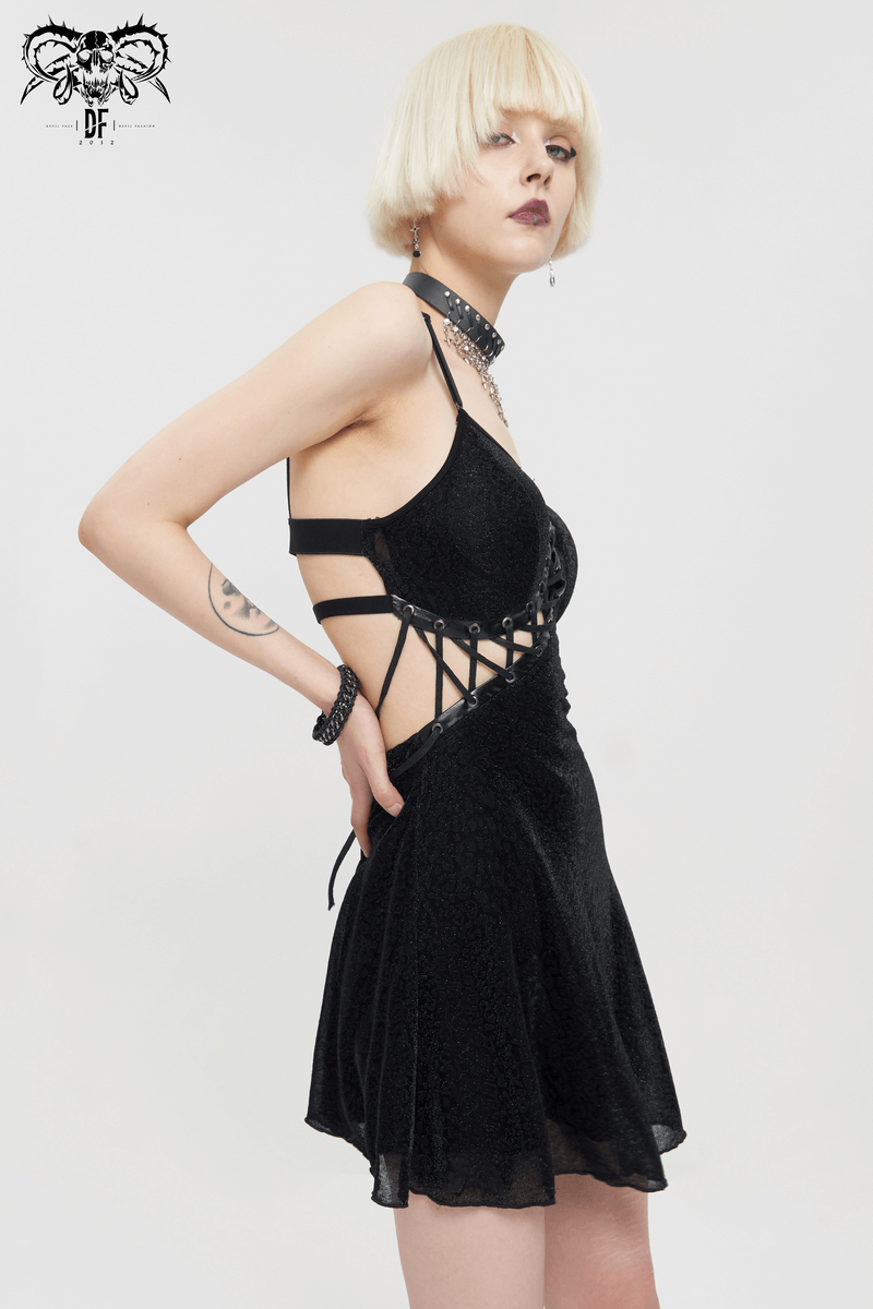 Gothic Sexy Hollow Out Lace-up Dress / Female Adjustable Shoulder Straps Short Dresses - image 12