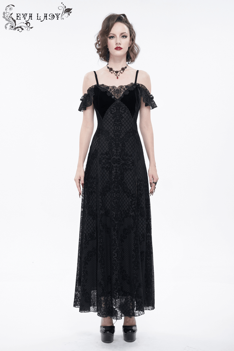 Gothic Sexy Off-The-Shoulder Long Dress / Elegant Lace Slit Dress for Women - image 10